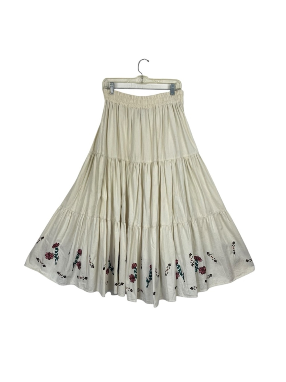 Vintage Life Style Cream Colored Embroidered Floral Prairie Skirt Boho Full Med